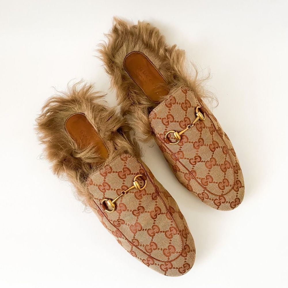 Gucci Princetown Fur Mule Size 40, 10 Tan GG Canvas Horsebit Flat Loafer